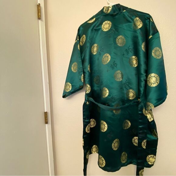 Emerald green Dragon gold medallion Asian Chinese Robe kimono OS - Picture 5 of 8